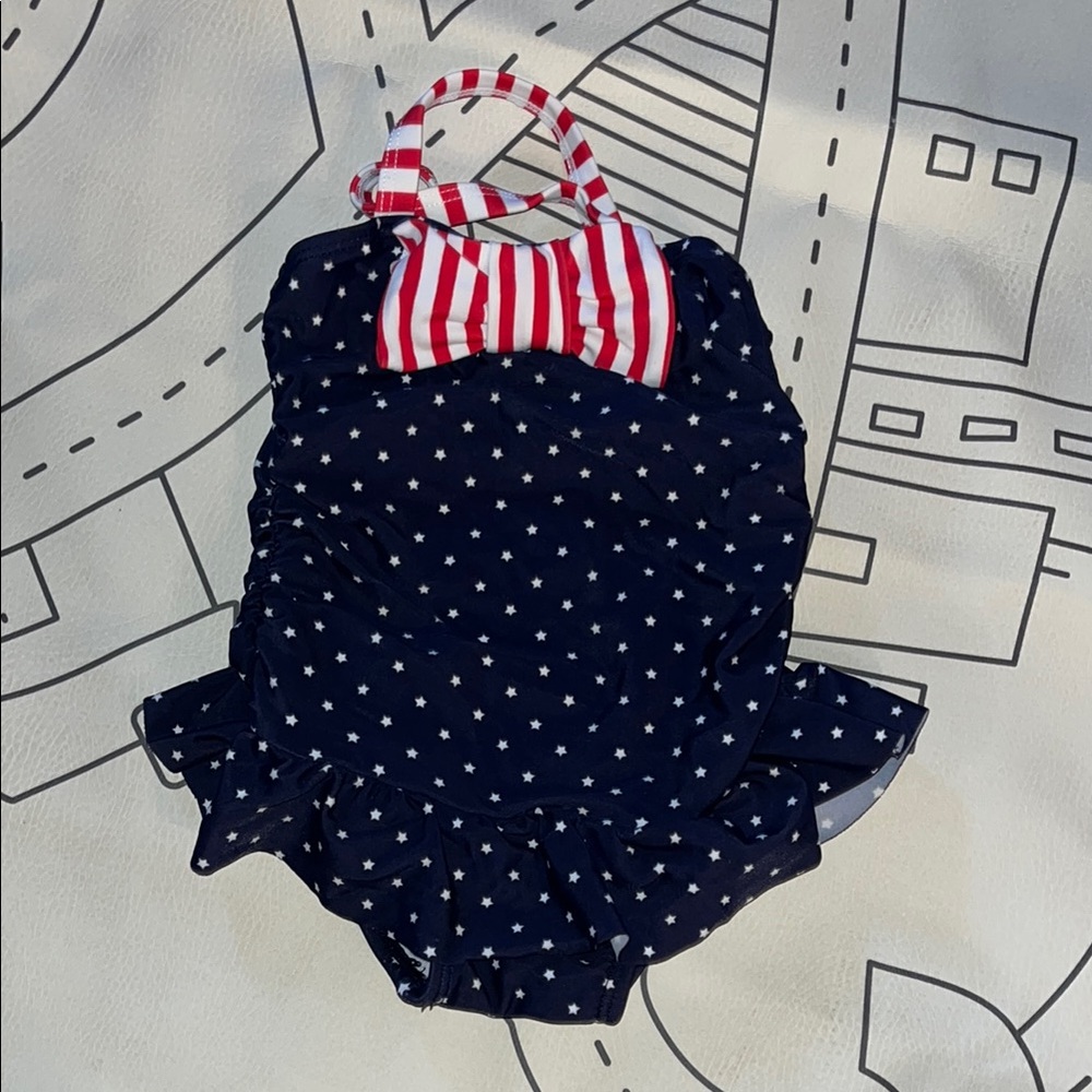 Navy Blue Star-Patterned Swimsuit with Red Stripes